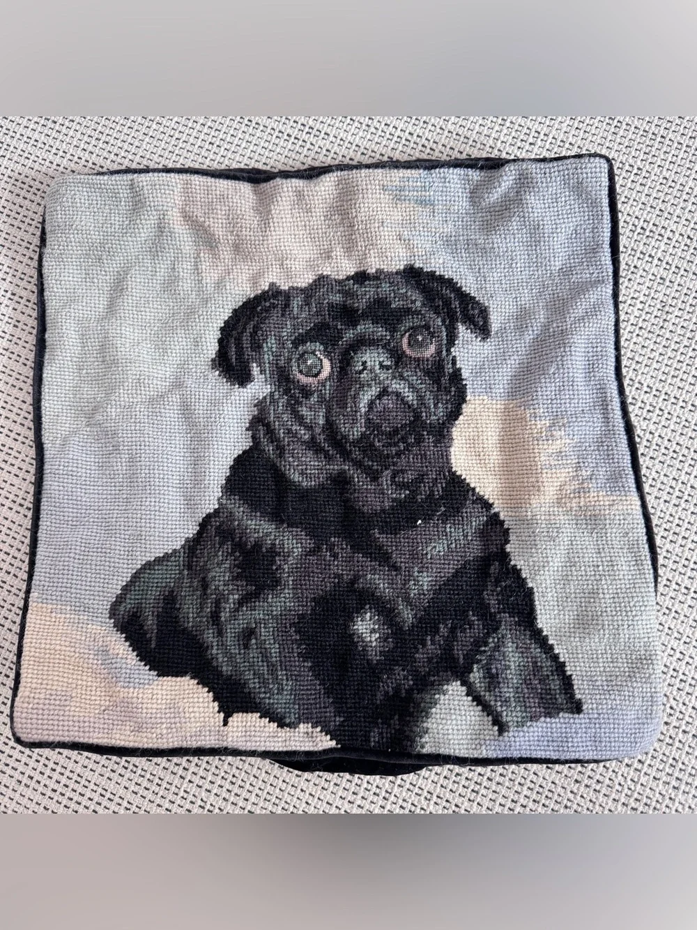 Vintage Lynn Haney Black Pug Wool & Velvet Needlepoint Dog Pillow Cover